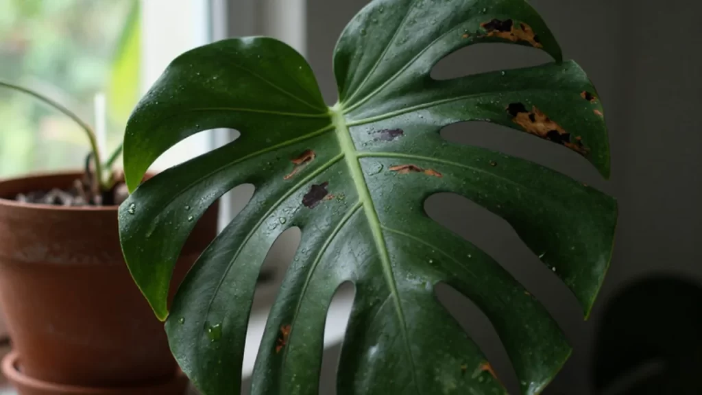 Primer plano de una hoja de Monstera deliciosa con manchas necróticas oscuras y gotas de agua.