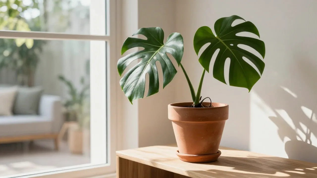 Planta Monstera deliciosa en una maceta de terracota sobre un aparador de madera iluminado por el sol.