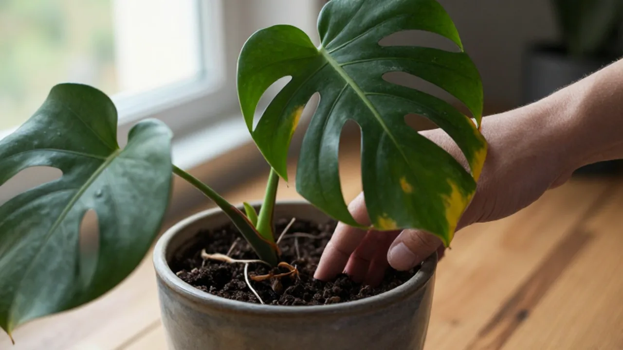 Una mano comprueba la humedad de la tierra en una planta Monstera marchita sobre una mesa de madera.