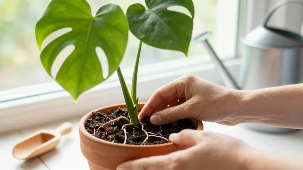 Manos trasplantando una planta Monstera deliciosa con tierra fresca en una maceta de terracota.