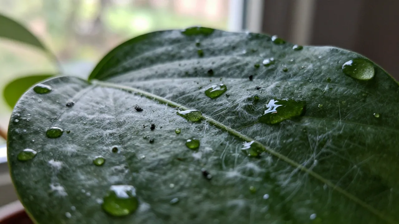 Hoja de planta de interior con gotas pegajosas, moho oscuro y micelio blanco sobre sus venas.