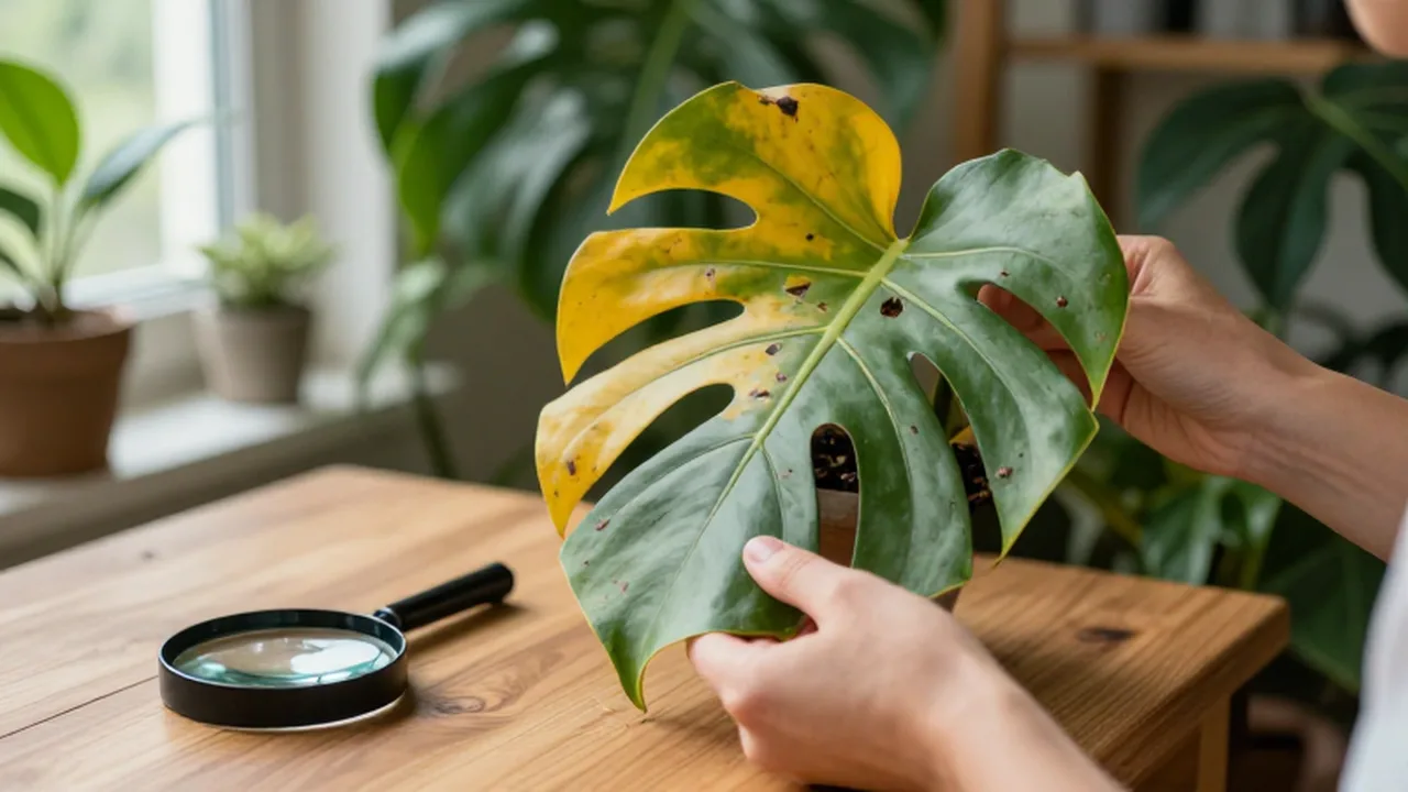 Manos examinando con una lupa una hoja de Monstera con manchas amarillas y marrones.