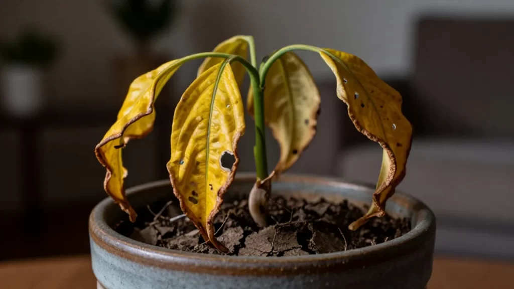 Planta de interior marchita con hojas amarillentas y tierra seca en una maceta de cerámica.