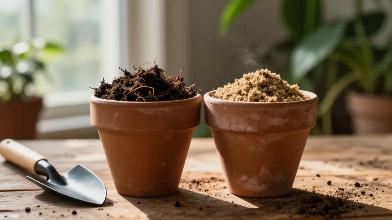 Dos macetas de terracota con diferentes tipos de tierra junto a una pequeña paleta de jardinería.