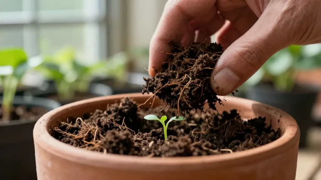 Manos de un jardinero removiendo suavemente la tierra orgánica de una maceta con un pequeño brote verde.