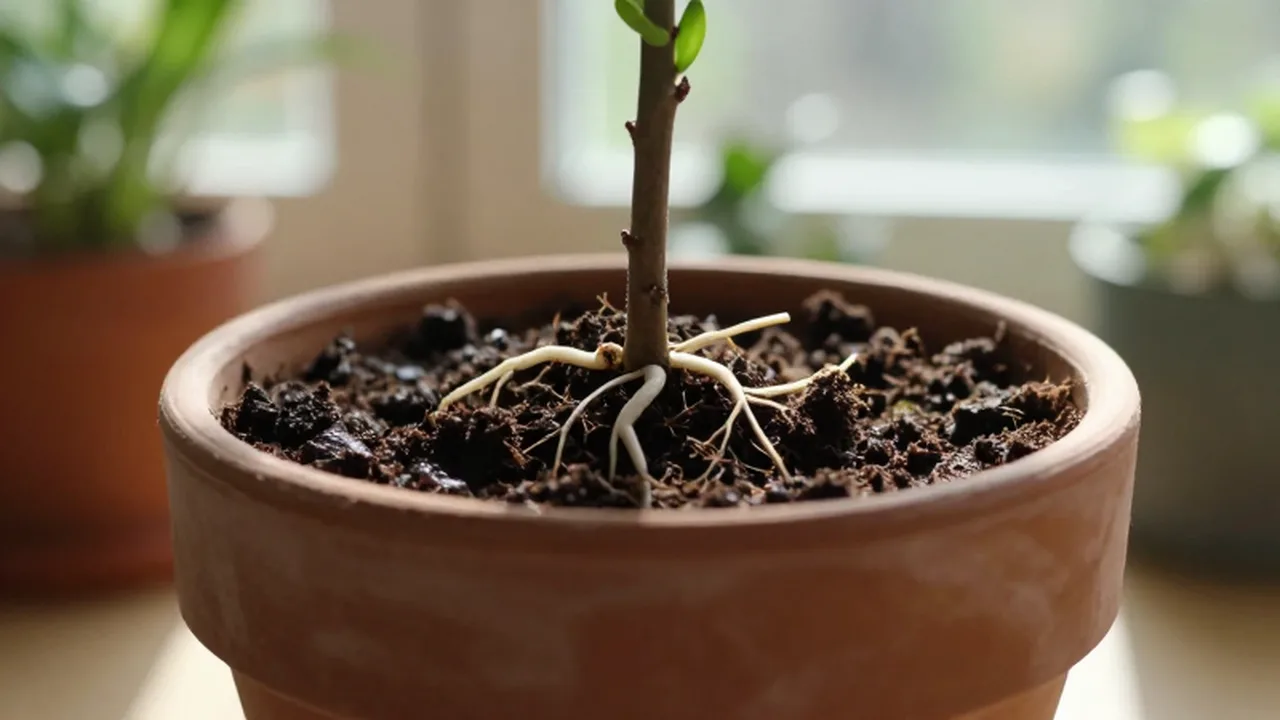 Planta saludable en una maceta de terracota con raíces blancas visibles en la tierra húmeda.