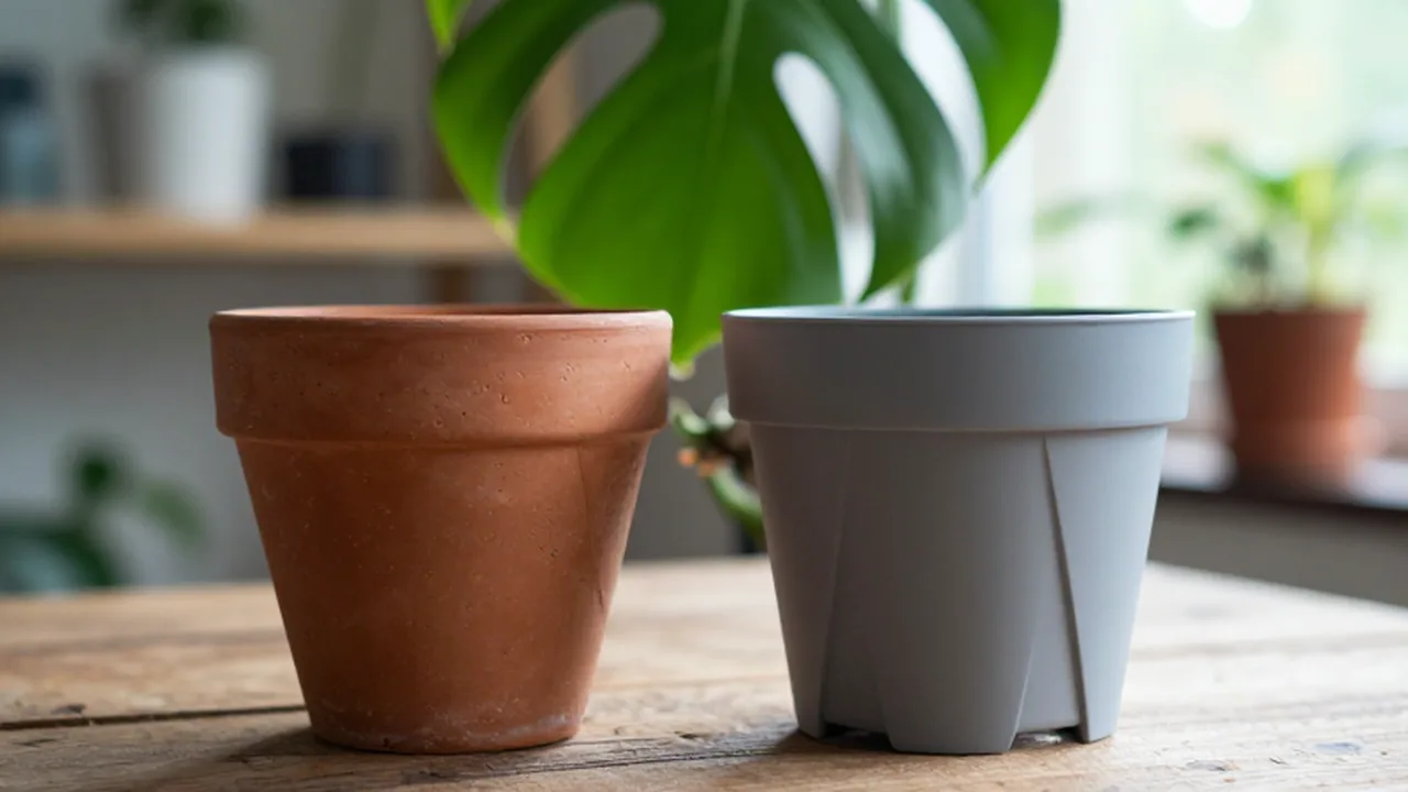 Comparación entre una maceta de terracota artesanal y una de plástico mate junto a una hoja de Monstera.