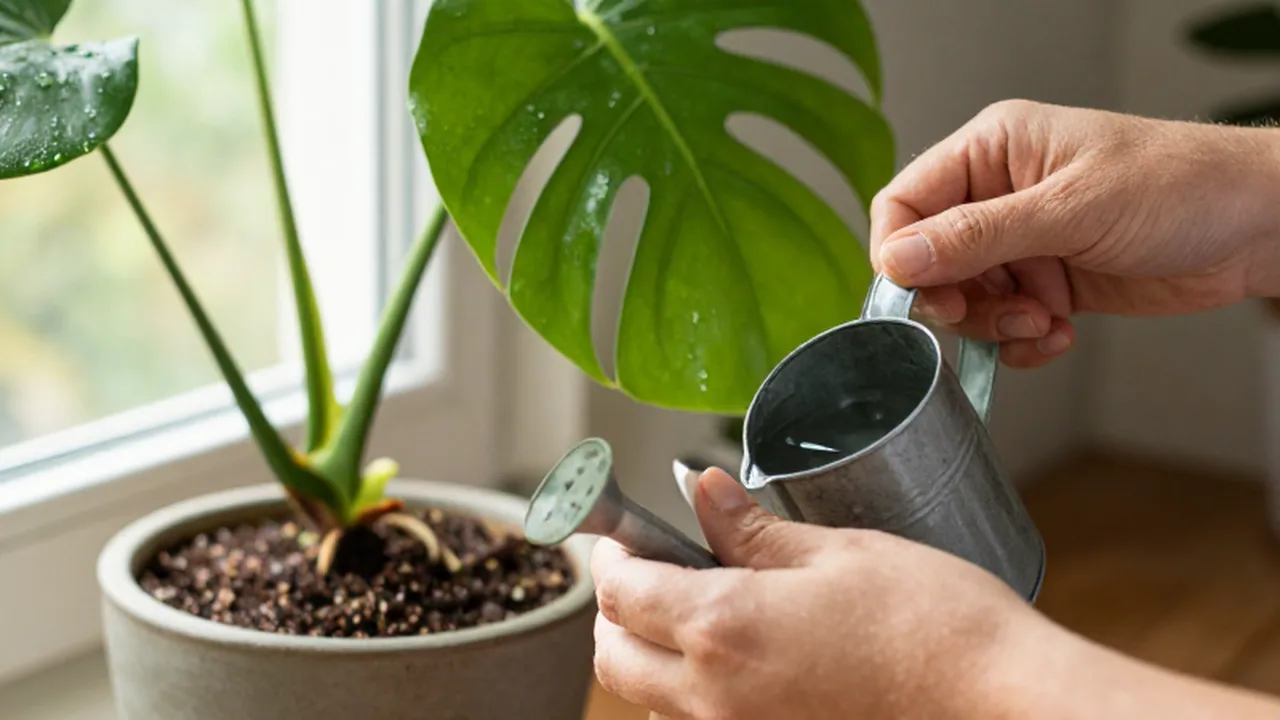 Manos vertiendo fertilizante líquido en una regadera junto a una planta Monstera deliciosa.