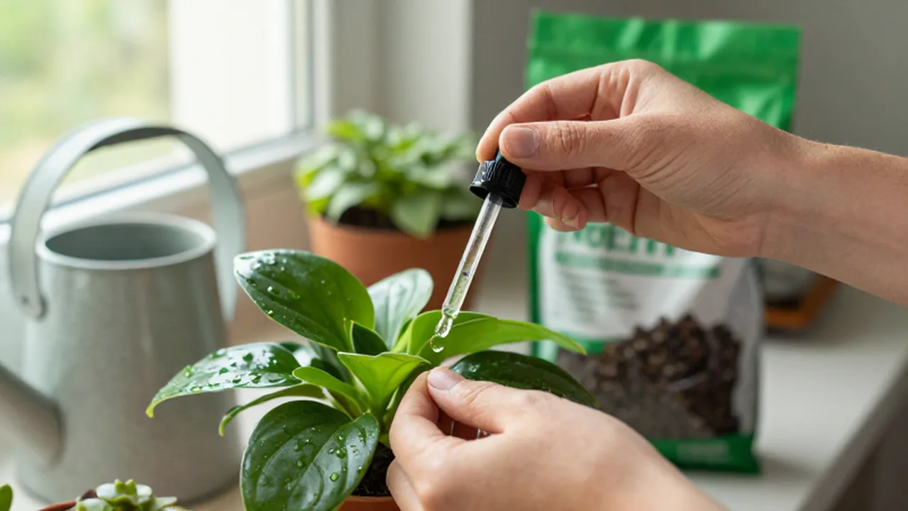 Manos aplicando fertilizante líquido con un gotero sobre las hojas de una planta de interior.
