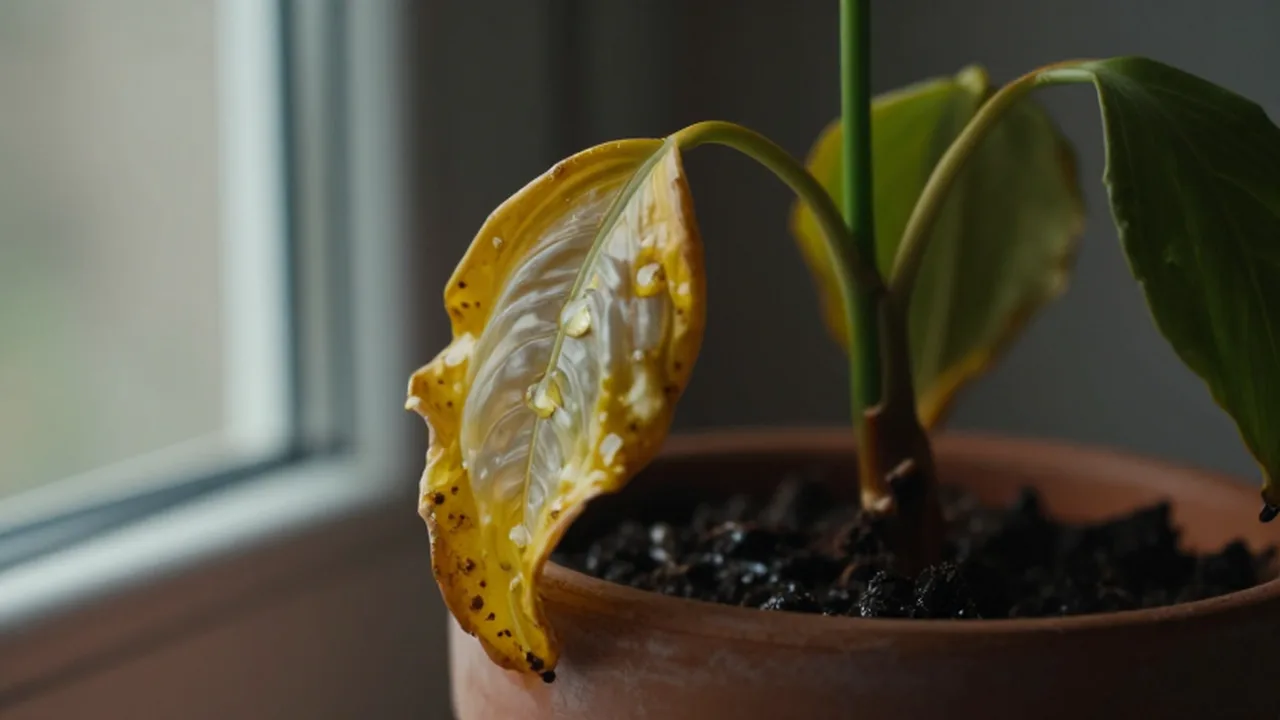 Planta de interior marchita con hojas amarillentas y manchas de humedad en una maceta de barro.