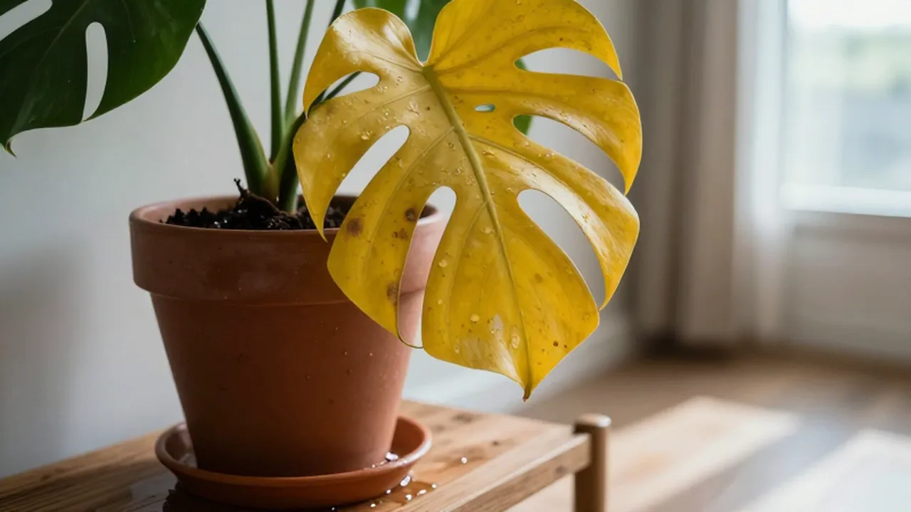 Planta Monstera marchita con hojas amarillentas y exceso de agua en su maceta de terracota.