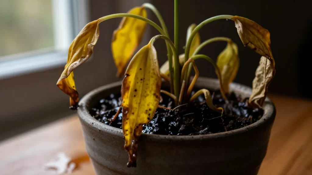 Planta de interior marchita con hojas amarillentas y tierra empapada sobre una mesa de madera.