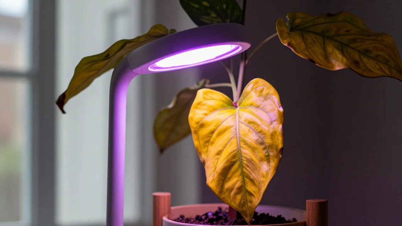 Planta marchita bajo iluminación artificial de cultivo en soporte de madera.