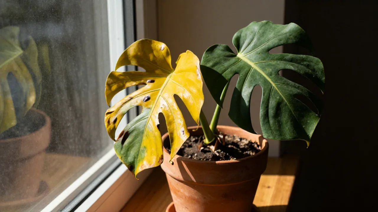 Monstera marchita por falta de iluminación artificial junto a una ventana.