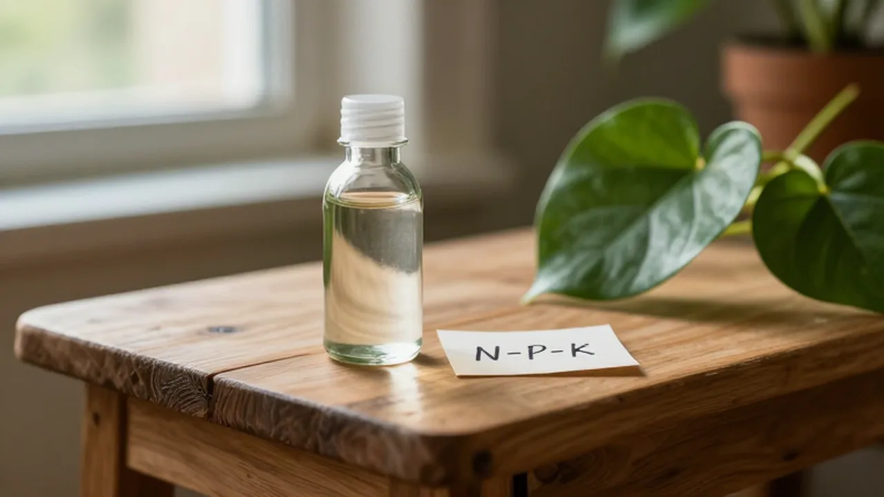 Botella de fertilizante orgánico con una nota sobre una mesa de madera rodeada de plantas.