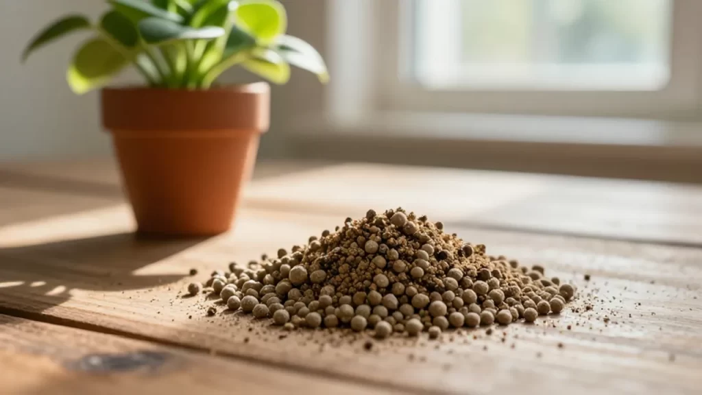 Granos de fertilizante orgánico sobre una mesa de madera junto a una planta verde.