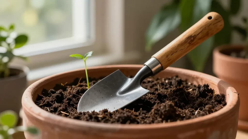 Pequeña azada de madera sobre tierra oscura junto a un brote verde en una maceta.