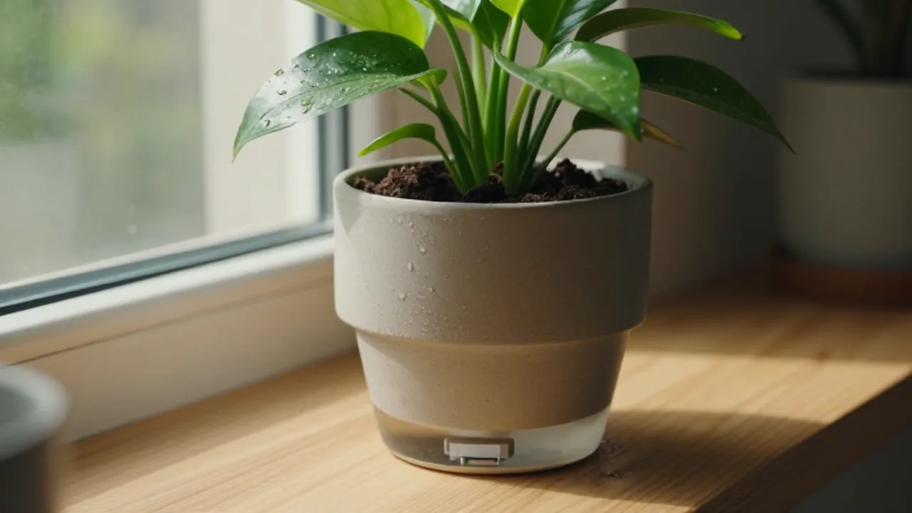 Planta verde de hojas vibrantes en una maceta cerámica con sistema de autorriego sobre un alféizar de madera.