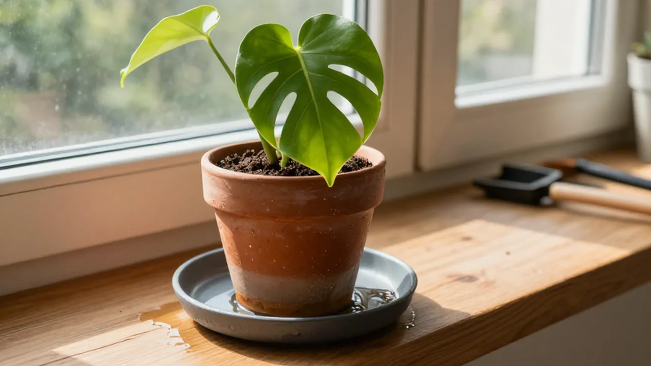Planta Monstera en una maceta autoriaregable con exceso de agua sobre un alféizar de madera.