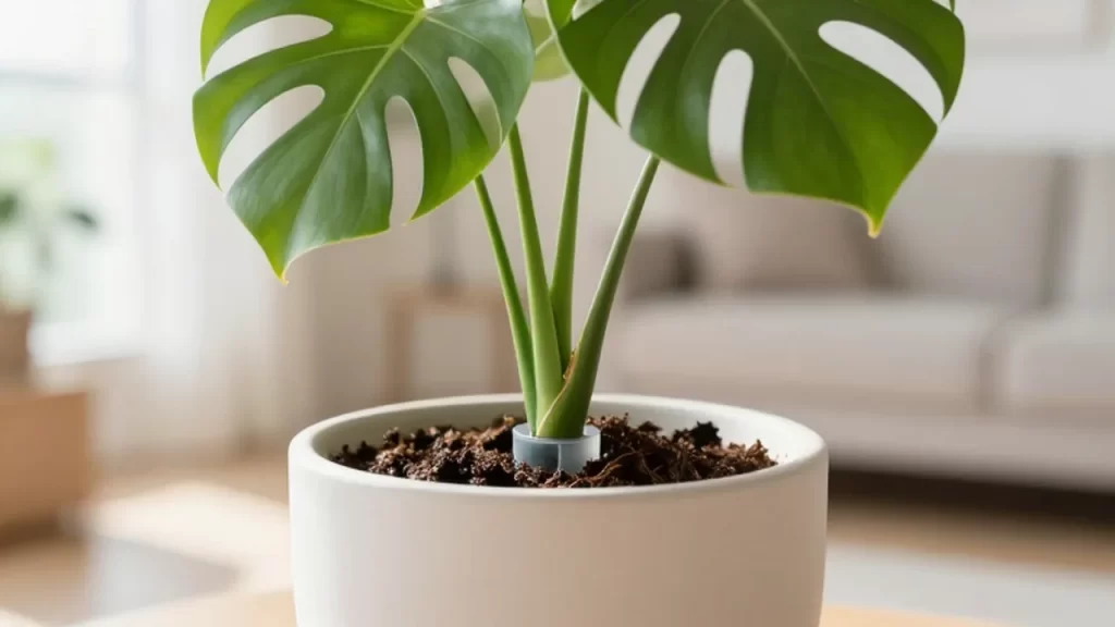 Planta Monstera deliciosa en una maceta cerámica de autorriego sobre un fondo luminoso y minimalista.
