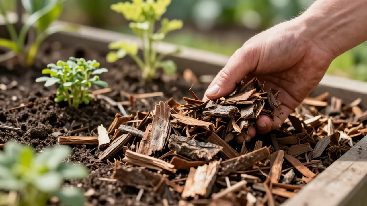 Mano de un jardinero esparciendo mantillo de madera orgánica sobre un lecho de plantas.