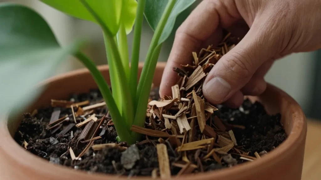 Manos de un jardinero esparciendo mantillo de madera alrededor de una planta en una maceta de barro.