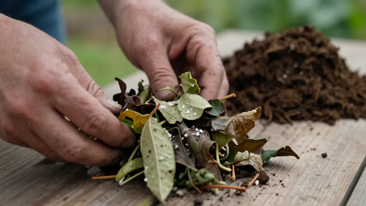 Manos separando materiales prohibidos en el compost saludable.