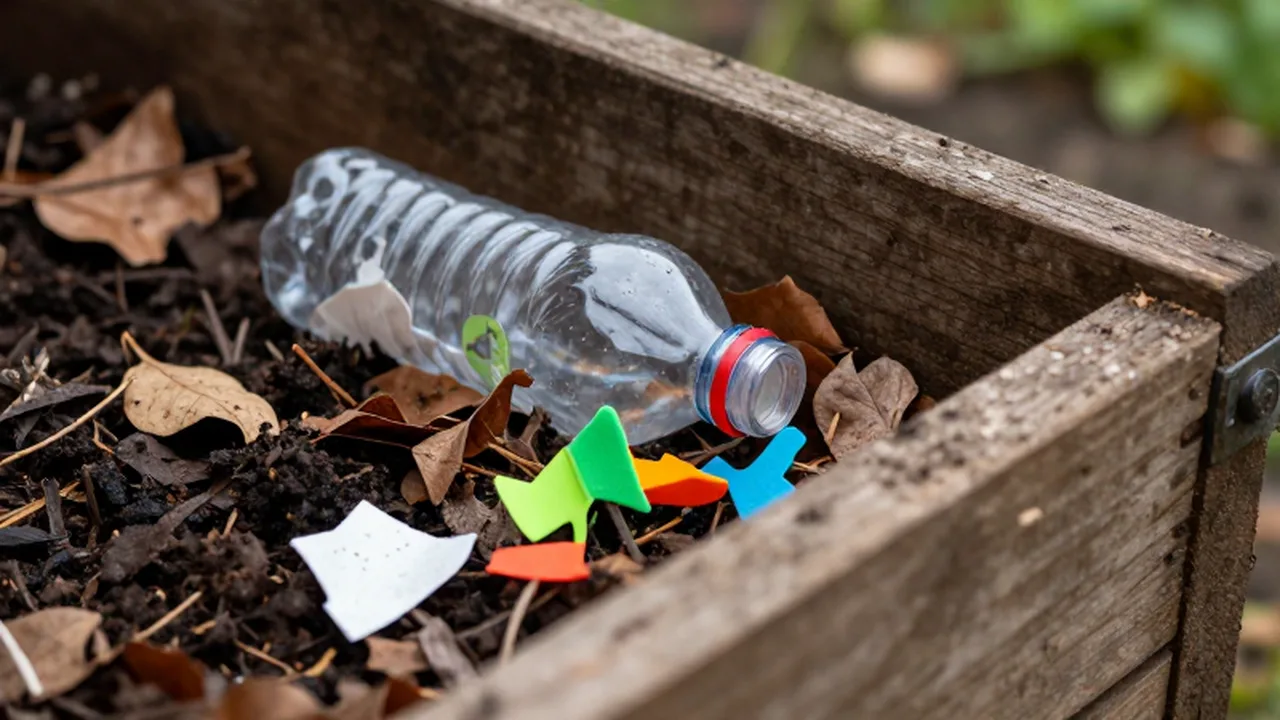 Plástico y materiales prohibidos en el compost mezclados con tierra.