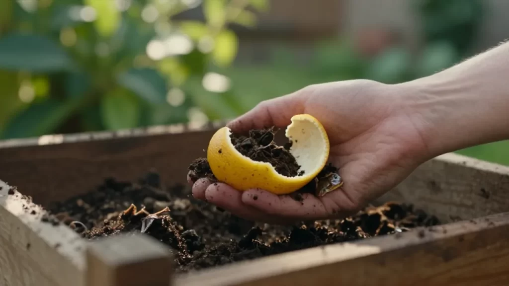 Una mano sostiene tierra orgánica oscura frente a un compostador de madera en un jardín.