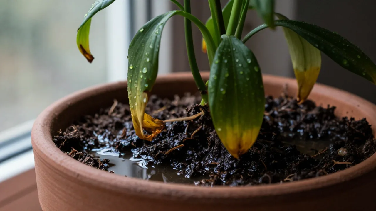 Planta de interior marchita con hojas amarillentas en una maceta de cerámica con exceso de agua.