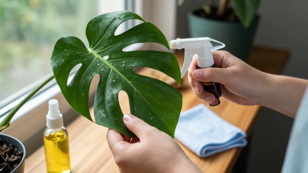Manos revisando una infestación de plagas en una hoja de Monstera.