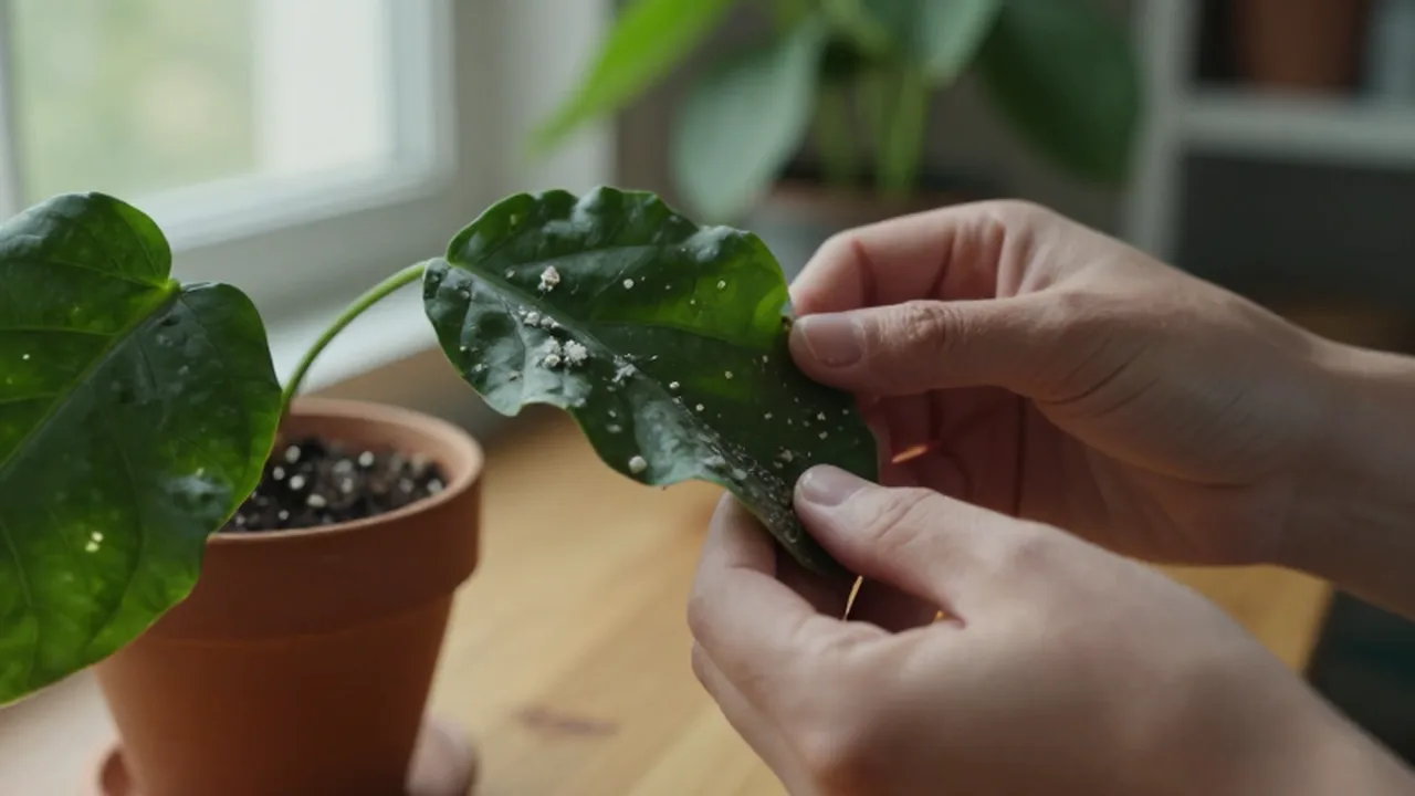 Infestación de plagas con telarañas en hoja de planta de interior.