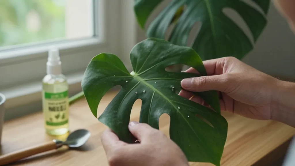 Manos inspeccionando pequeñas arañas blancas bajo el envés de una hoja de Monstera Deliciosa.