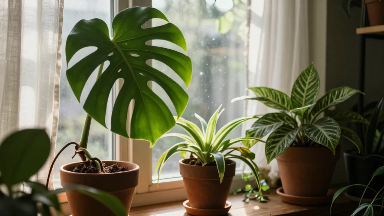 Plantas verdes en macetas de terracota sobre un alféizar de madera con luz suave de mañana.