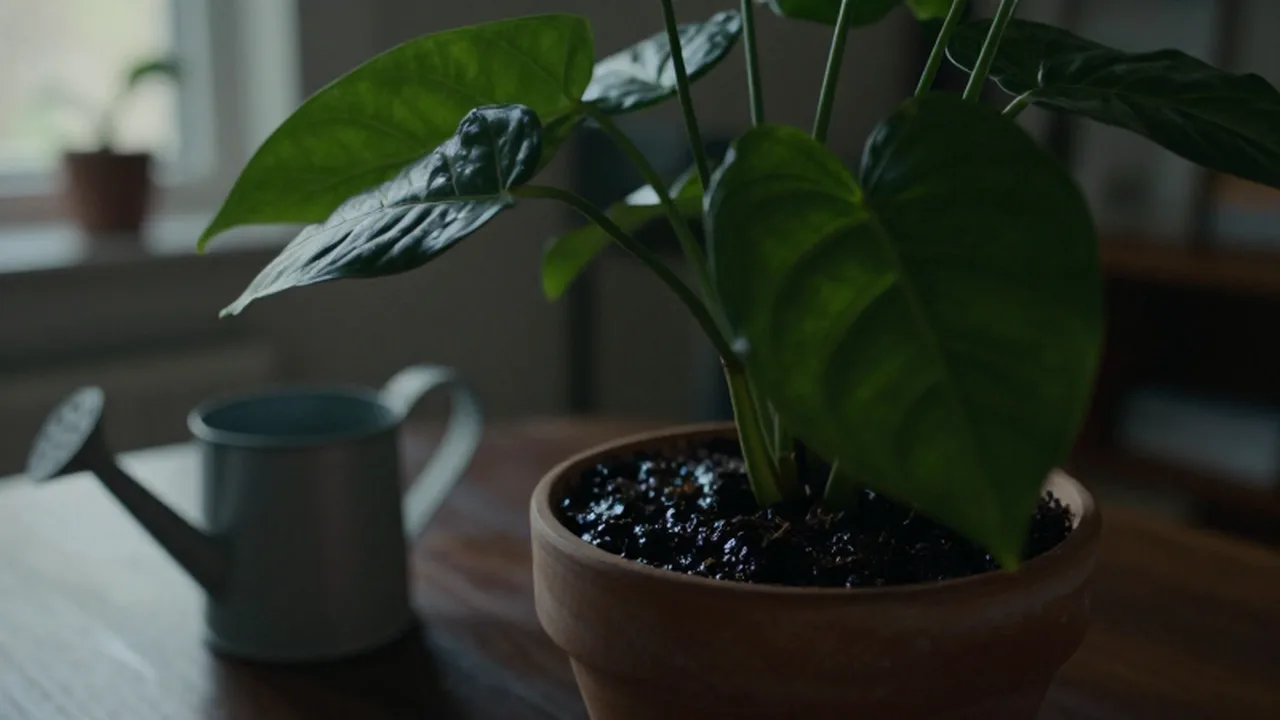 Planta verde en maceta de terracota sobre una mesa de madera junto a una regadera.
