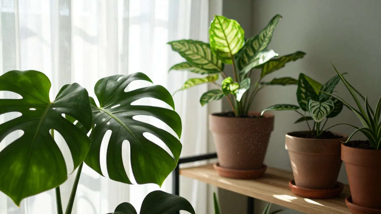 Variedad de plantas de interior en estantes de madera iluminadas por la luz del sol.