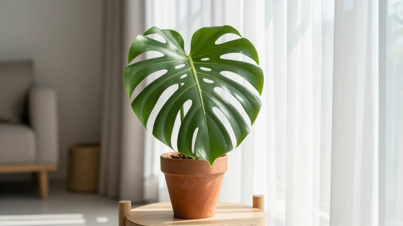 Una planta Monstera Deliciosa con hojas verdes brillantes sobre un soporte de madera junto a una ventana iluminada.
