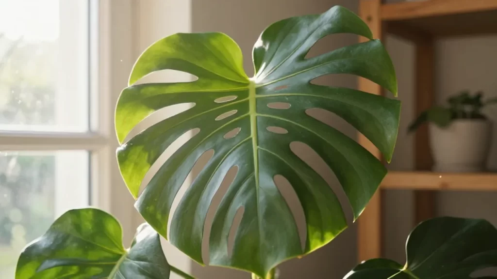 Primer plano de una hoja de Monstera deliciosa iluminada por la luz suave de la mañana.
