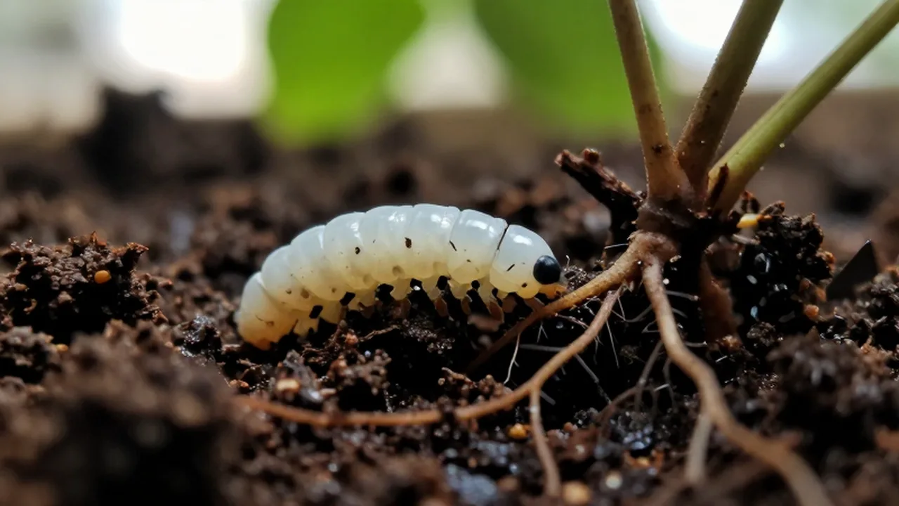 Larva blanca translúcida desplazándose entre raíces y tierra húmeda en un primer plano detallado.
