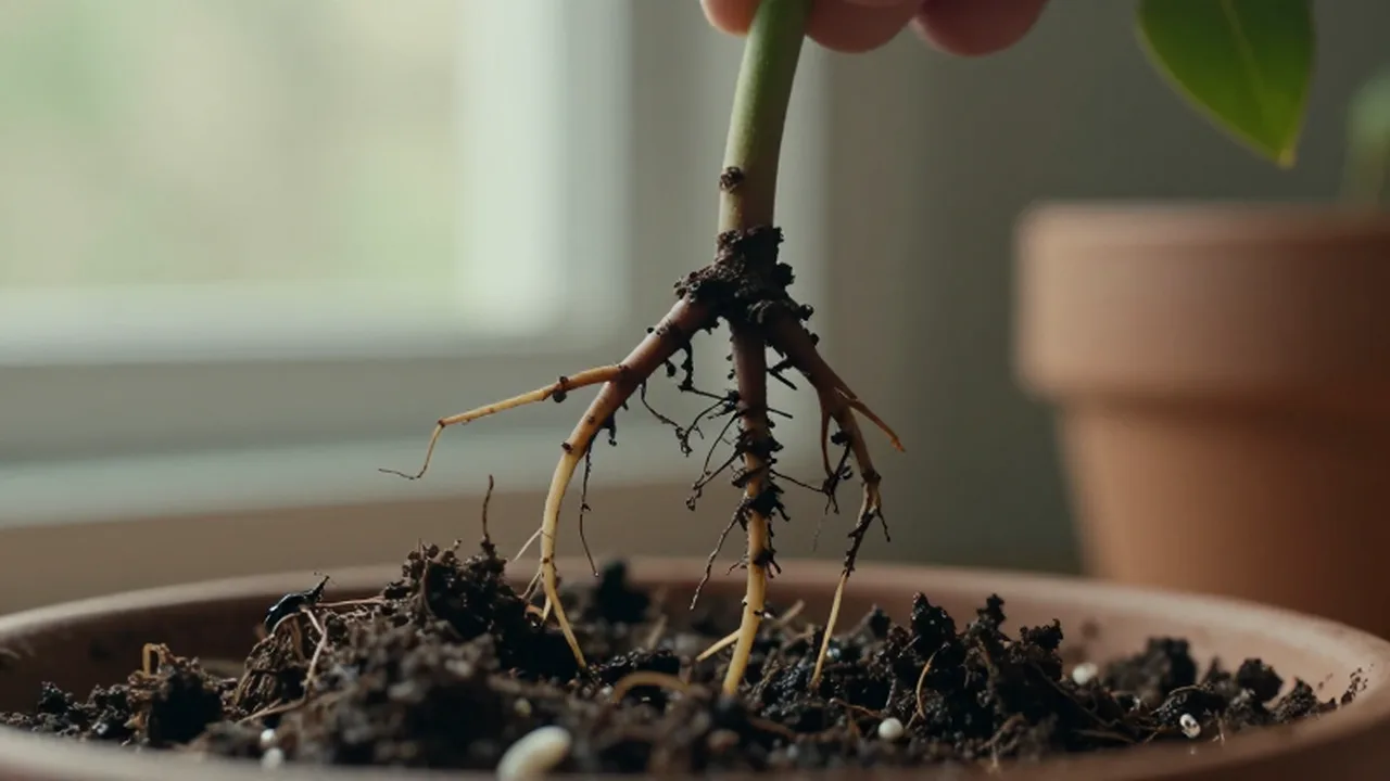 Raíces de una planta con puntas marrones dañadas y pequeñas larvas blancas entre la tierra húmeda.