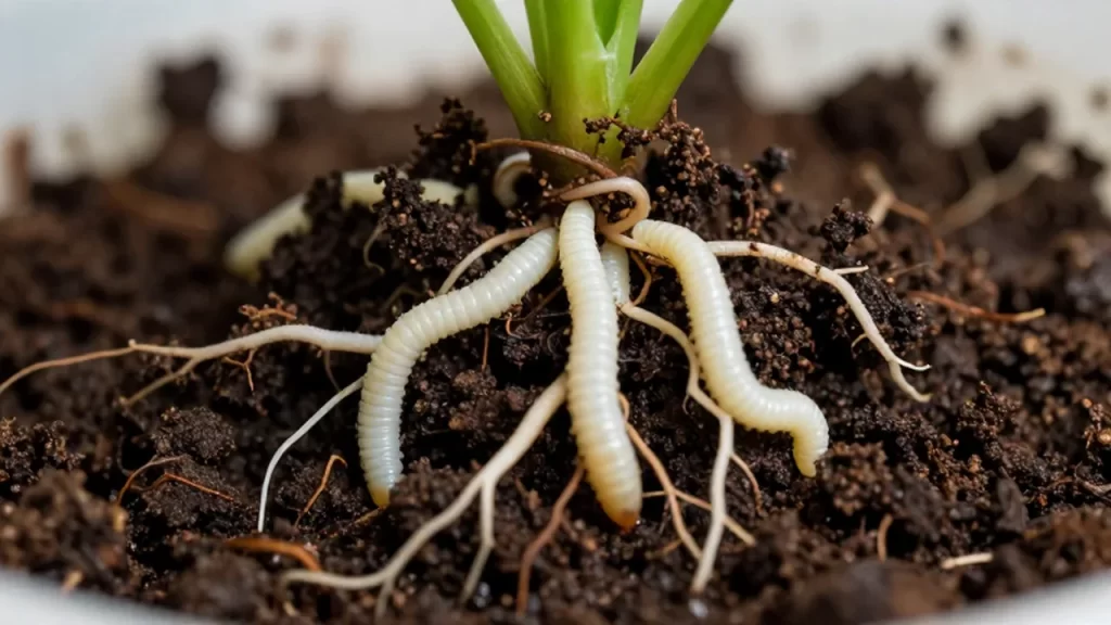 Larvas blancas pequeñas desplazándose entre las raíces y la tierra húmeda de una planta.