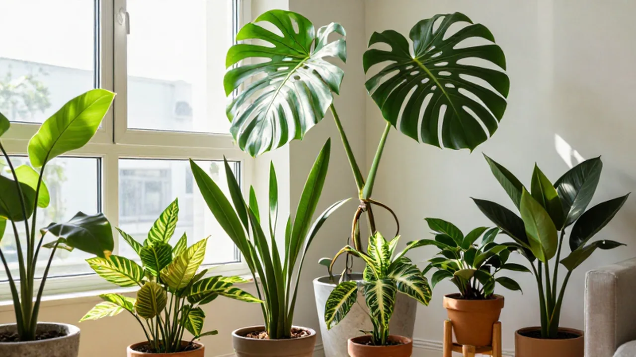 Variedad de plantas de interior iluminadas por la luz del sol en un rincón moderno.