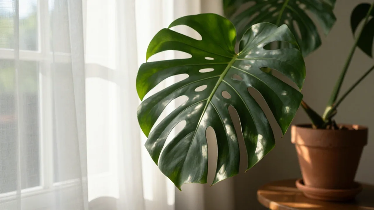 Planta Monstera deliciosa en una maceta de terracota sobre una mesa de madera junto a una ventana iluminada.