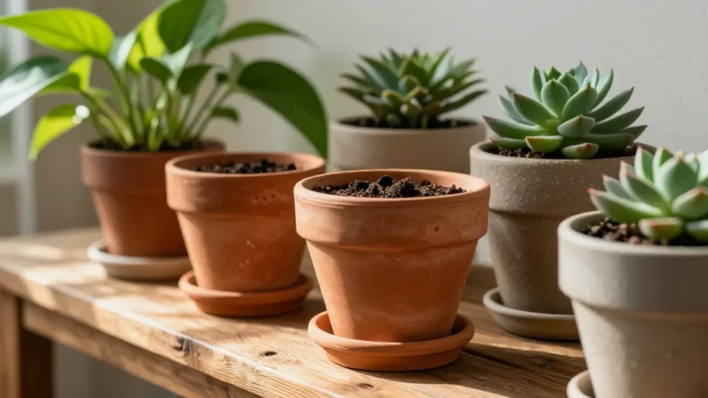 Varias plantas verdes en macetas de terracota y cerámica sobre un banco de madera.