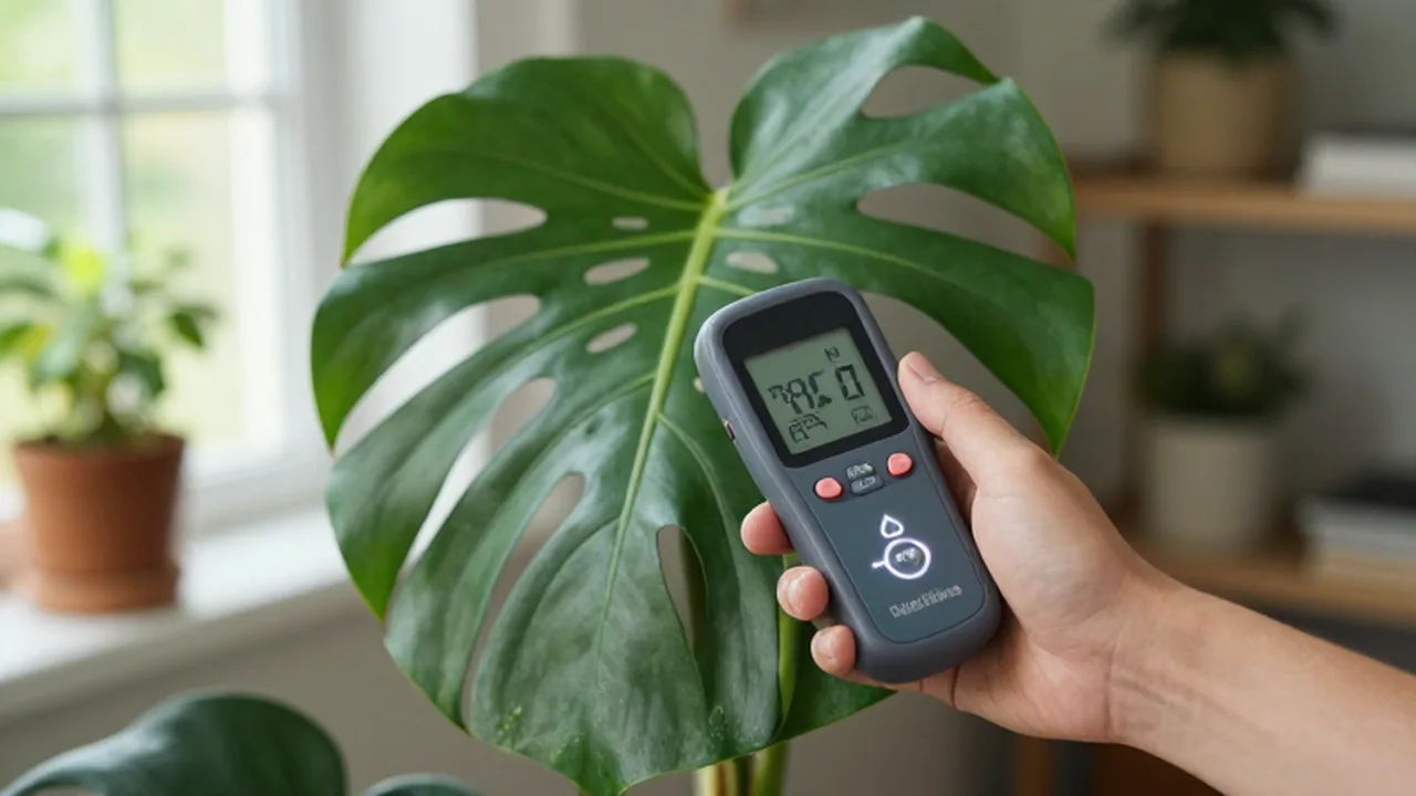 Una mano sostiene un luxómetro digital para medir la luz cerca de una hoja de Monstera.