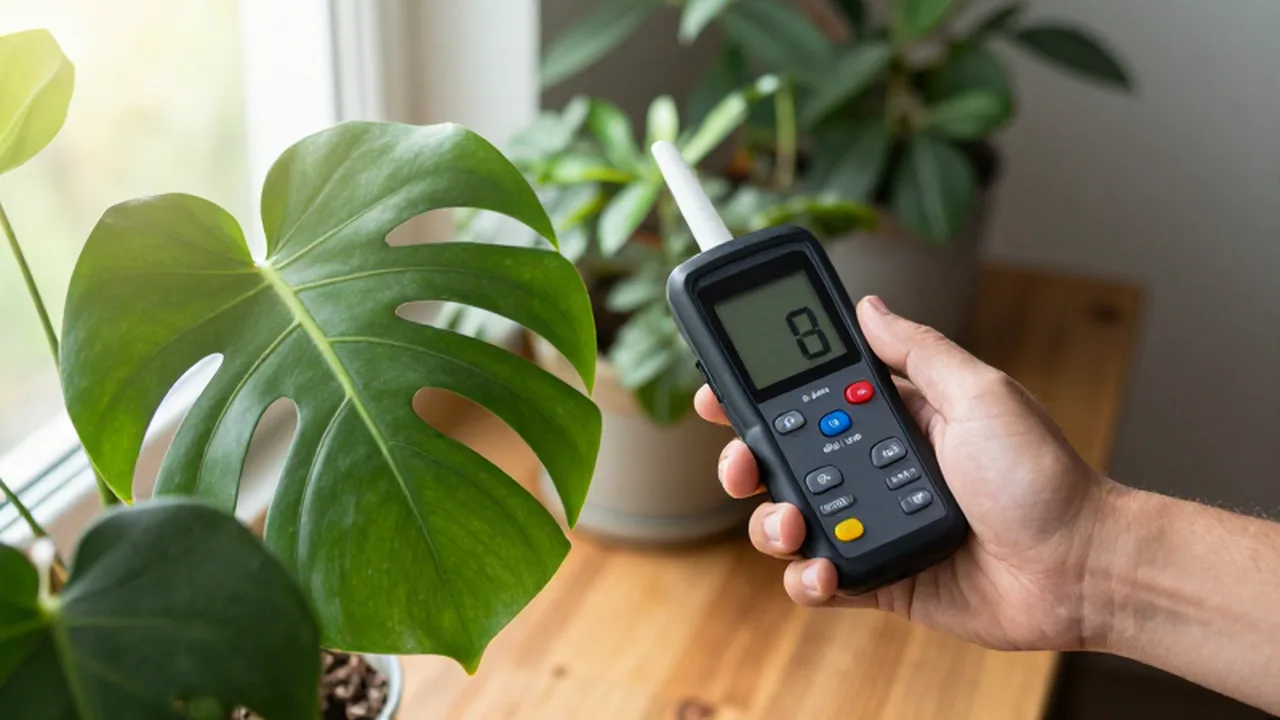 Mano de un jardinero midiendo la intensidad de luz de una Monstera deliciosa con un luxómetro.