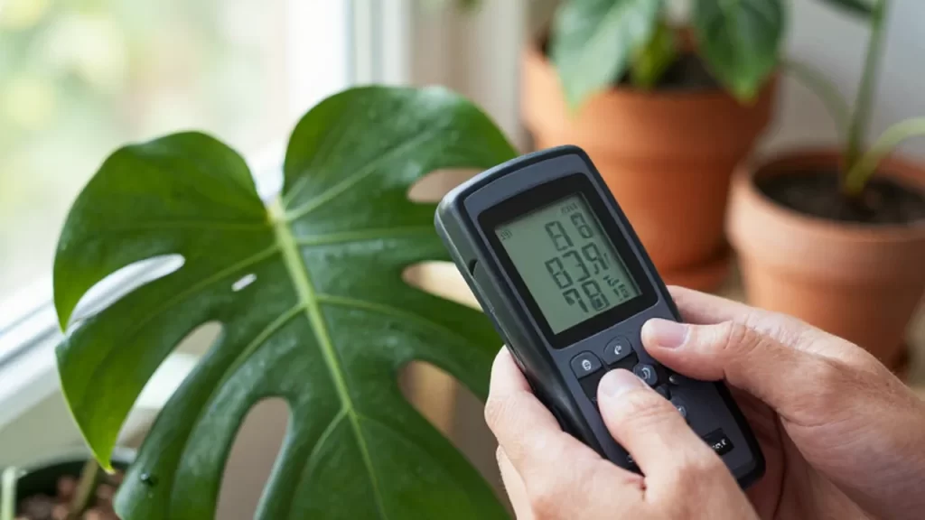 Manos sosteniendo un luxómetro digital para medir la intensidad de luz junto a una hoja de Monstera.