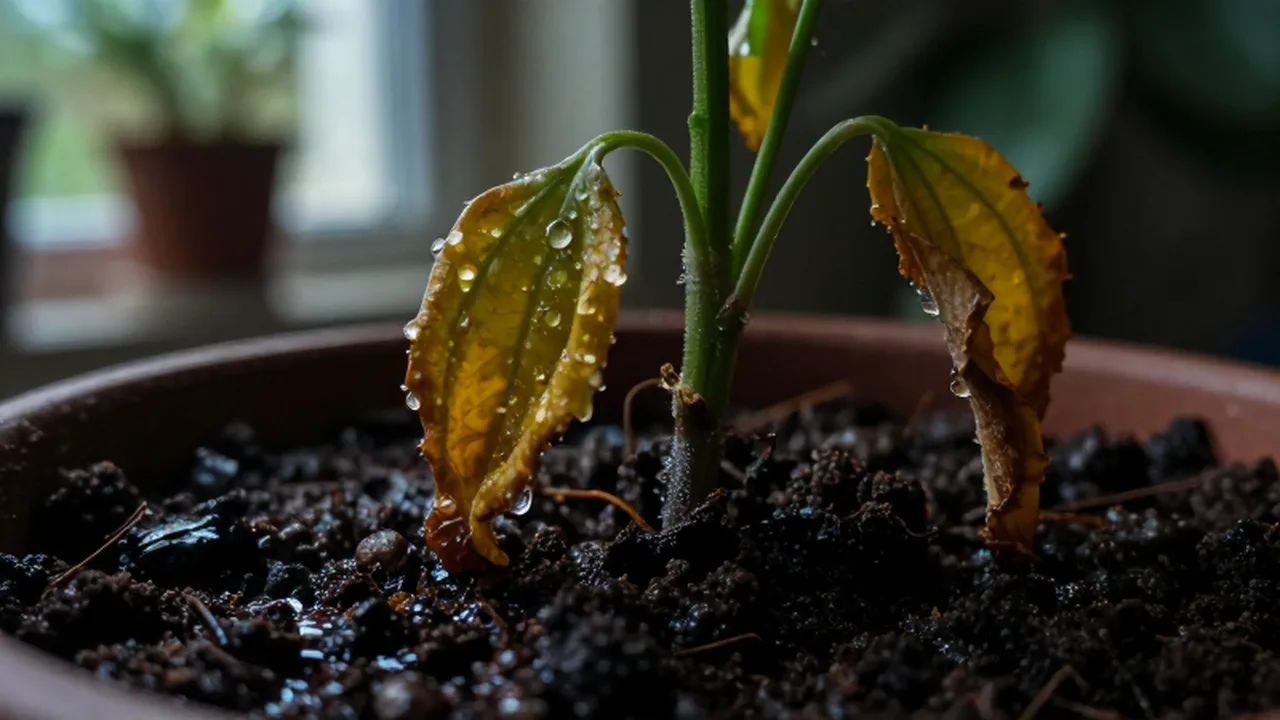 Planta de interior con hojas amarillentas marchitas sobre tierra húmeda y encharcada.