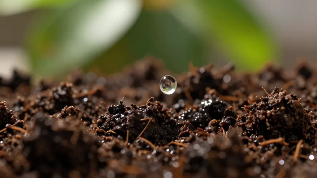Una gota de agua cae sobre la superficie de tierra orgánica oscura y húmeda.