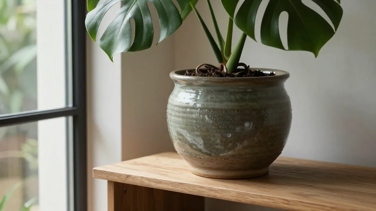 Planta Monstera deliciosa en una maceta de cerámica artesanal sobre una mesa de madera.